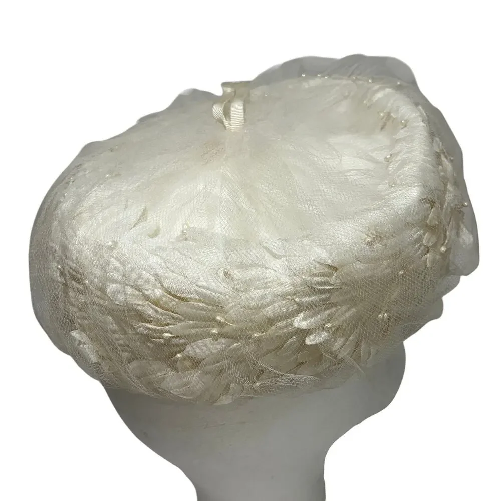 Vintage Mid Century White pillbox hat by Dana Marte bridal silk floral & beads